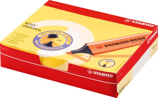 Doos met tien STABILO BOSS ORIGINAL markers in fel oranje.