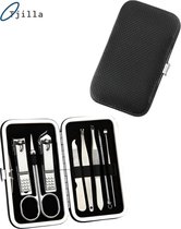 Tjilla 8-delige Manicure / Pedicure set met kalknagel producten - compacte leren behuizing - Roestvrijstaal