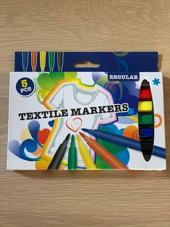 Textiel stiften / textiel markers - 5 stuks - Zwart Geel Rood Groen Blauw