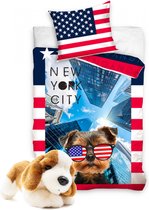 Dekbedovertrek New York met Hond- 140x200- katoen- dekbed jongens, meisjes- kussen 70x90, incl.  pluche Basset knuffel hond.