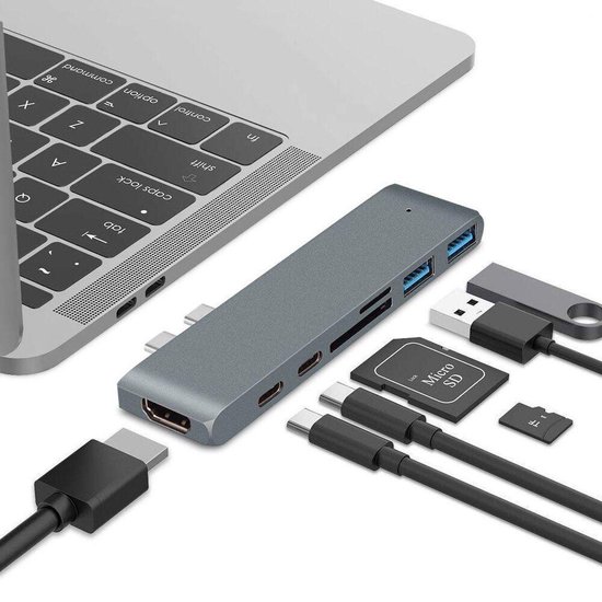 BrightNerd 7 in 1 USB C adapter Macbook Pro / Air 2020 - USB C naar HDMI - Thunderbolt 3 - USB 3.0 - Micro SD - Nieuw Model 2020 - BrightNerd