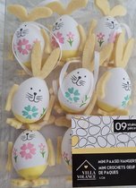 9 Paashangers voor paasboom geel / wit - paaseitjes - paas figuurtjes- Pasen paasdecoratie - paashaasjes -paaseitjes met gezichtjes - paasversiering