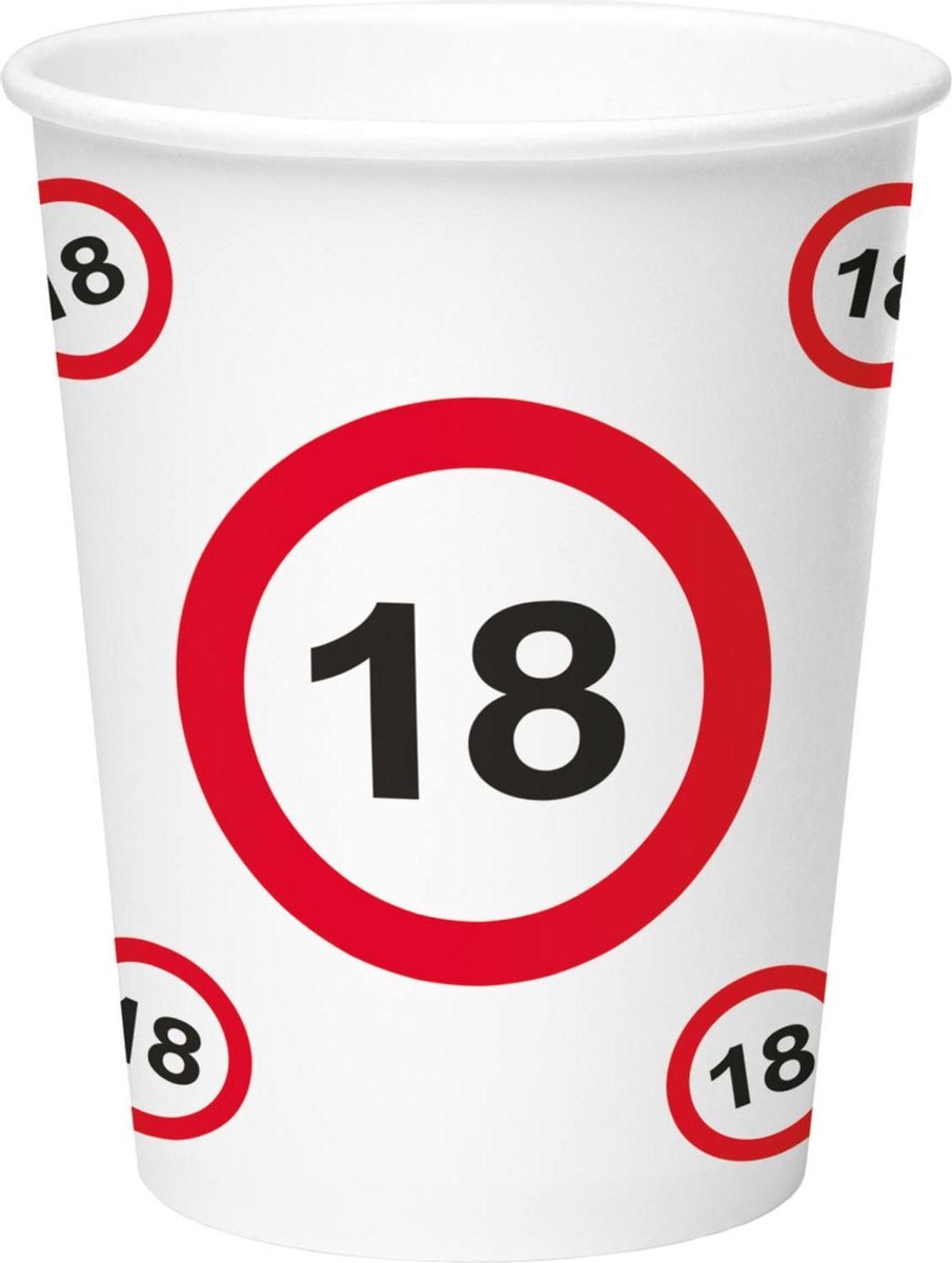 24x stuks drinkbekers van papier in 18 jaar verjaardag print van 350 ml - Stopbord/verkeersbord thema