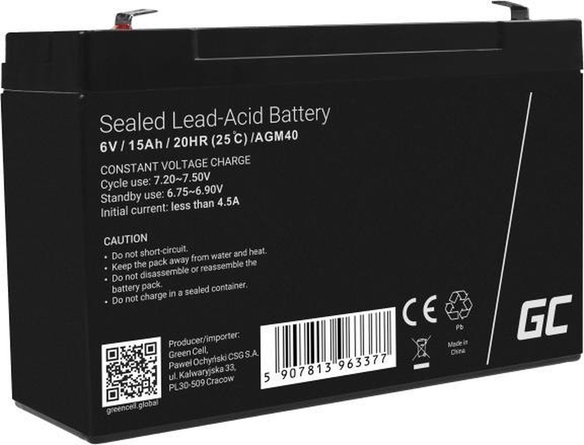 Green Cell 6V 15Ah 15000mAh (F1 4.6mm) VRLA AGM accu