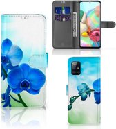 Telefoonhoesje Geschikt voor Samsung Galaxy A71 Wallet Book Case met foto Orchidee Blauw Valentijn Cadeautje Vrouw
