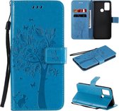 Voor Huawei Honor 9A Tree & Cat reliÃ«fpatroon Horizontale flip lederen tas met houder & kaartsleuven & portemonnee en lanyard (blauw)