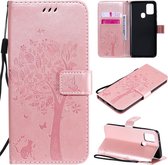 Voor Samsung Galaxy A21s Tree & Cat reliÃ«fpatroon Horizontale flip lederen tas met houder & kaartsleuven & portemonnee & draagkoord (rose goud)