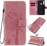 Voor Huawei P40 Lite E Tree & Cat reliÃ«fpatroon Horizontale flip lederen tas met houder & kaartsleuven & portemonnee & lanyard (roze)