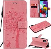 Voor Samsung Galaxy A51 5G Tree & Cat reliÃ«fpatroon Horizontale flip lederen tas met houder & kaartsleuven & portemonnee & draagkoord (roze)