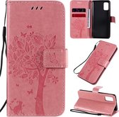 Voor Samsung Galaxy A41 Tree & Cat reliÃ«fpatroon Horizontale flip lederen tas met houder & kaartsleuven & portemonnee & draagkoord (roze)