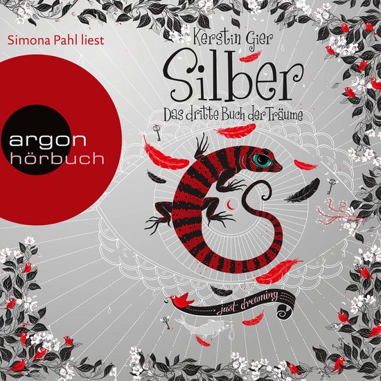 Boekcover met een gestreepte rode en zwarte hagedis en de tekst "Silber - Das dritte Buch der Träume".