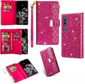 Voor Xiaomi Mi CC9 Pro / Redmi Note 10 Multi-card slots Sterrenhemel Laser Carving Glitter Rits Horizontale Flip lederen tas met houder & Portemonnee & Lanyard (Rose Red)