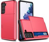 Voor Samsung Galaxy S21 5G schokbestendig pantser beschermhoes met kaartsleuf (rood)