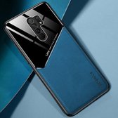 Voor Xiaomi Redmi 9 All-inclusive lederen + organische glazen telefoonhoes met metalen ijzeren plaat (koningsblauw)