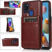 Voor Samsung Galaxy A21s effen kleur pc + TPU beschermhoes met houder en kaartsleuven (bruin)