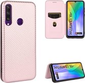 Voor Huawei Y6p Carbon Fiber Texture Magnetische Horizontale Flip TPU + PC + PU Leather Case met Card Slot (Pink)