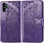 Butterfly Love Flowers Embossing Horizontale Flip Leather Case voor Galaxy Note10 + met houder & kaartsleuven & portemonnee & lanyard (donkerpaars)