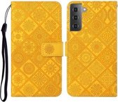 Voor Samsung Galaxy S21 + 5G etnische stijl reliëf patroon horizontale flip lederen tas met houder & kaartsleuven & portemonnee & lanyard (geel)