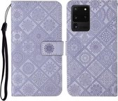 Voor Samsung Galaxy S20 Ultra etnische stijl reliëf patroon horizontale flip lederen tas met houder & kaartsleuven & portemonnee & lanyard (paars)