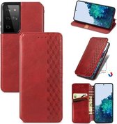 Voor Samsung Galaxy S21 Ultra 5G Cubic Grid Pressed Horizontal Flip Magnetic PU Leather Case met houder & kaartsleuven & portemonnee (rood)