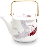 luxe geschenken, bestaande uit,  theepot kraanvogel met filter 1000 ml 50 gram gezonde groene thee plus stalen maatlepel.