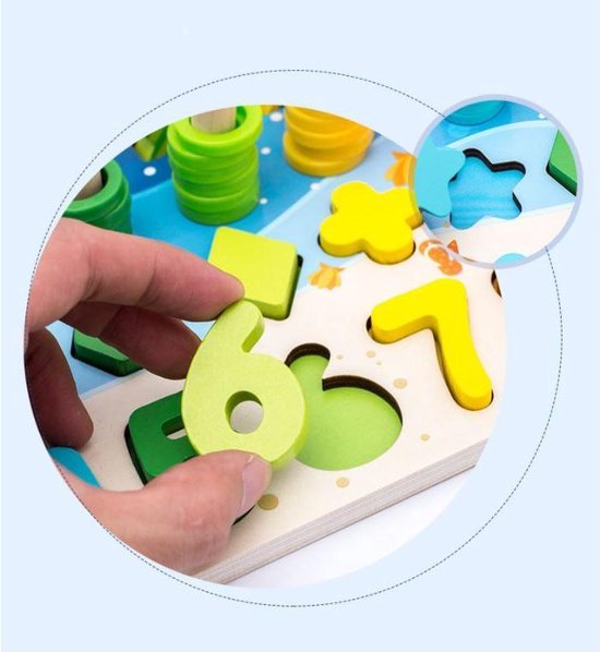 Thumbnail van een extra afbeelding van het spel Houten speelgoed - Houten getallen cijfers - Rekenpuzzel - Rekenen kleuren en vormen - vormpuzzel - Tellen en stapelen - Ik leer letters en cijfers