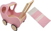 Playwood - Houten Poppenwagen roze klassiek met kap - inclusief dekje roze ruitjes