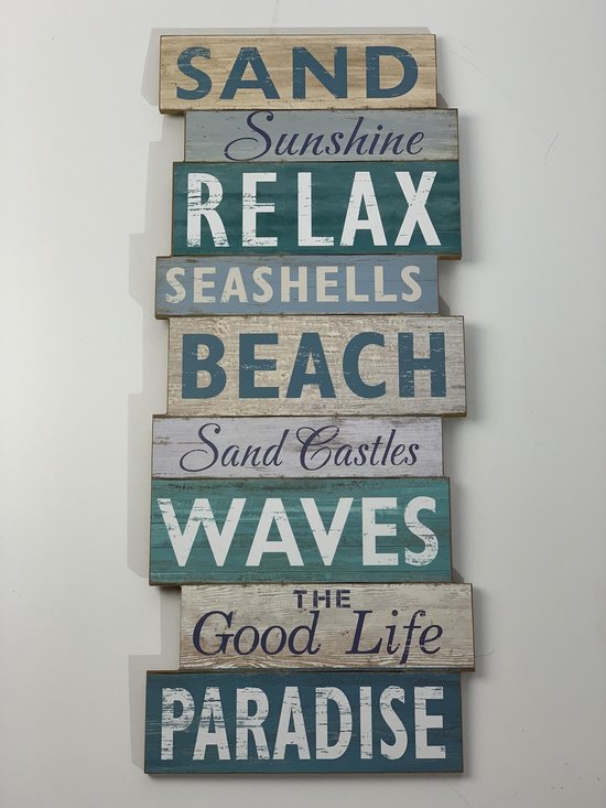 Houten tuinbord met tekst sand/relax