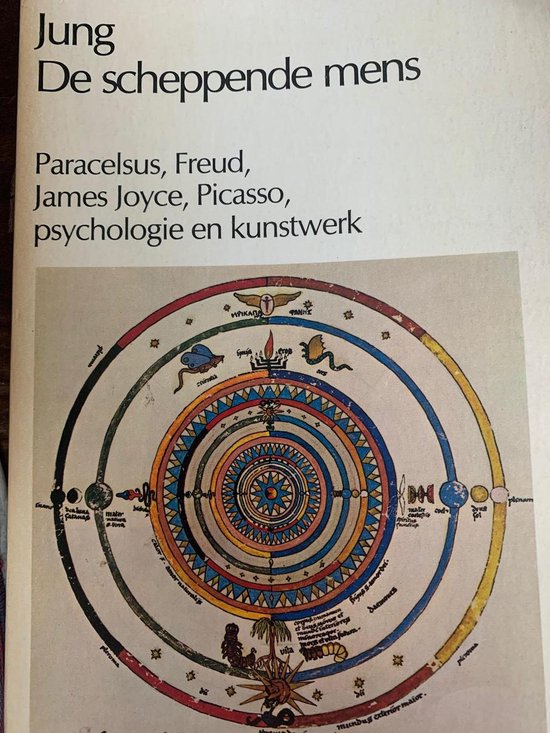 Couverture du livre 'De scheppende mens' avec une illustration ronde et colorée d'un modèle cosmologique, incluant planètes et étoiles.