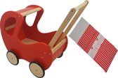 Playwood - Houten Poppenwagen rood klassiek met kap - inclusief dekje rode ruitjes