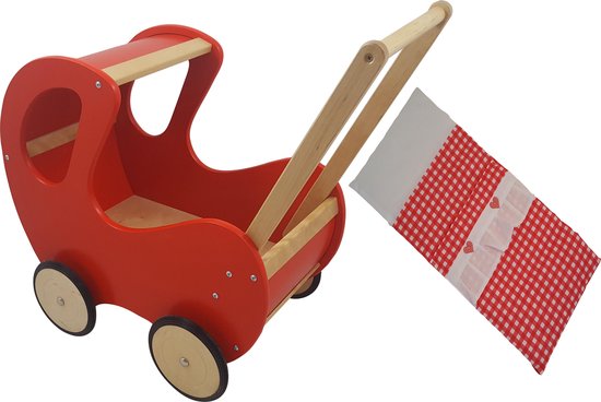 Playwood - Houten Poppenwagen rood klassiek met kap - inclusief dekje rode ruitjes bol.com