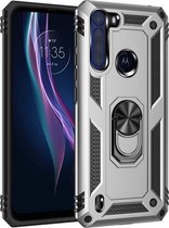 Voor Motorola Moto One Fusion schokbestendige TPU + pc-beschermhoes met 360 graden roterende houder (zilver)