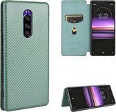 Voor Sony Xperia 1 Carbon Fiber Texture Magnetische Horizontale Flip TPU + PC + PU Leather Case met Card Slot (Groen)