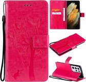 Voor Samsung Galaxy S21 Ultra 5G Boom & Kat Patroon Geperst Afdrukken Horizontale Flip PU Lederen Case met Houder & Kaartsleuven & Portemonnee & Lanyard (Rose)