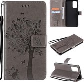 Voor Samsung Galaxy A72 5G Tree & Cat Pattern Pressed Printing Horizontale Flip PU Leather Case met houder & kaartsleuven & portemonnee & Lanyard (grijs)