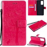 Voor Samsung Galaxy A72 5G Boom & Kat Patroon Geperst Afdrukken Horizontale Flip PU Lederen Case met Houder & Kaartsleuven & Portemonnee & Lanyard (Rose)