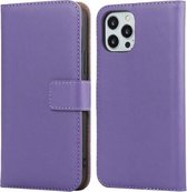 Horizontale flip-hoes van effen rundleer met magnetische sluiting en houder & kaartsleuven en portemonnee voor iPhone 12/12 Pro (paars)