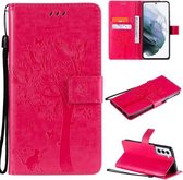 Voor Samsung Galaxy S21 5G Boom & Kat Patroon Geperst Afdrukken Horizontale Flip PU Lederen Case met Houder & Kaartsleuven & Portemonnee & Lanyard (Rose)