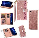 Voor iPhone 8 Plus / 7 Plus Multi-kaartsleuven Sterrenhemel Lasergravure Glitter Rits Horizontale Flip Leren Case met Houder & Portemonnee & Lanyard (Rose Goud)