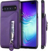 Voor Galaxy S10 5G effen kleur dubbele gesp ritssluiting schokbestendige beschermhoes (paars)