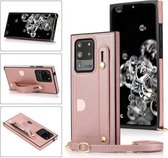 Voor Samsung Galaxy S20 Ultra polsband PU + TPU schokbestendig beschermhoes met crossbody lanyard & houder & kaartsleuf (rose goud)