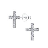 Joy|S - Zilveren kruis oorbellen - ingelegd met zirkonia - 7 x 10 mm