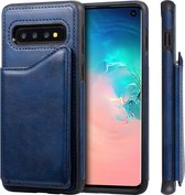 Voor Galaxy S10 schokbestendig kalfsleer beschermhoes met houder en kaartsleuven en frame (blauw)