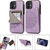 Mandala reliëfpatroon PU + TPU beschermhoes met kaartsleuven en houder voor iPhone 12 mini (paars)