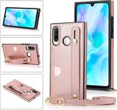 Voor Huawei P30 Lite polsband PU + TPU schokbestendig beschermhoes met crossbody lanyard & houder & kaartsleuf (rose goud)