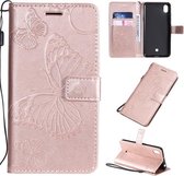 Voor LG K40s Geperst Afdrukken Vlinderpatroon Horizontale Flip PU-lederen Case met Houder & Kaartsleuven & Portemonnee & Lanyard (Rose Goud)