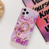 Galvaniserend stikpatroon Zachte TPU-beschermhoes met roségouden standaardringhouder voor iPhone 11 Pro Max (stiksels met paarse bloemen)