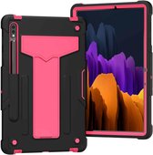 Voor Samsung Galaxy Tab S7 T870 / T875 T-vormige beugel Contrastkleur Schokbestendig pc + siliconen beschermhoes (zwart + roze rood)