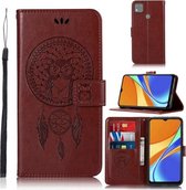 Voor Xiaomi Redmi 9C Windgong Uil Embossing Patroon Horizontale Flip Leren Case met Houder & Kaartsleuven & Portemonnee (Bruin)