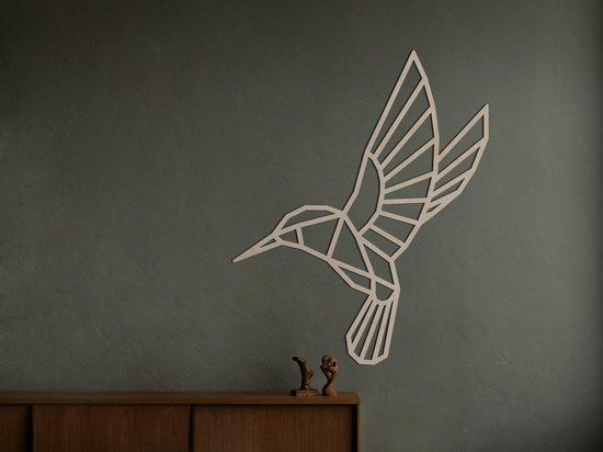 HOUTEN WANDDECORATIE / WOODEN WALL DECORATION - GEOMETRISCHE MUURDECORATIE / GEOMETRIC WALL ART - KOLIBRIE / HUMMINGBIRD - 40 x 50cm - LICHT HOUT / NATURAL WOOD - ORIGAMI DESIGN WANDFIGUUR - ECHT HOUT - REAL WOOD - VOGELS